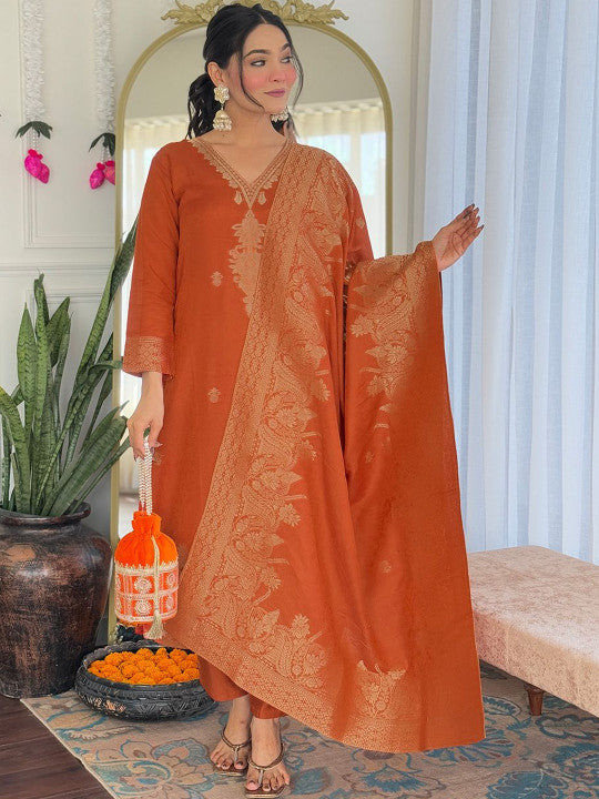 HERE&NOW Women Woven Design Regular Thread Work Kurta with Trousers & Dupatta