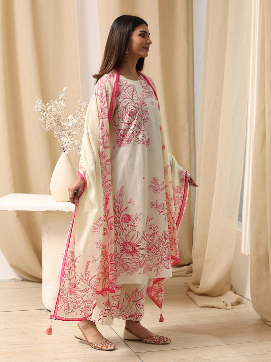Biba Women Ethnic Motifs Printed Regular Pure Cotton Kurta with Palazzos & With Dupatta