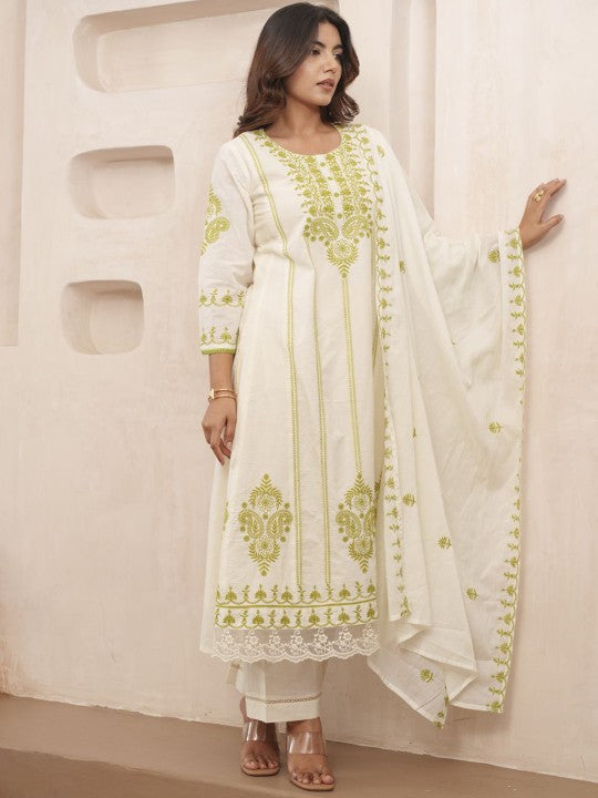 House of Pataudi Embroidered Straight Kurta & Trousers With Dupatta