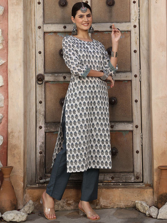 Taavi Floral Printed Pure Cotton Hand Block Print Kurta With Trousers & Dupatta