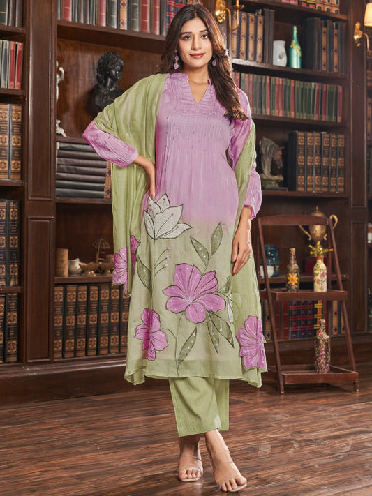 AUTUMN LANE Gaurisha Lily Floral Embroidered Thread Work Kurta With Palazzo & Dupatta