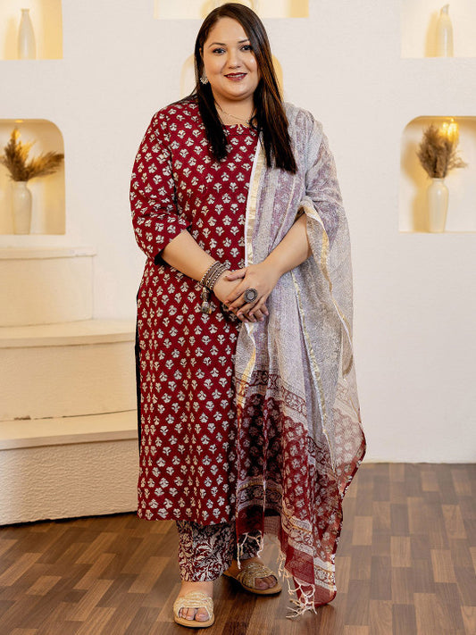 Floral Printed Pure Cotton Straight Kurta with Trouser & Dupatta