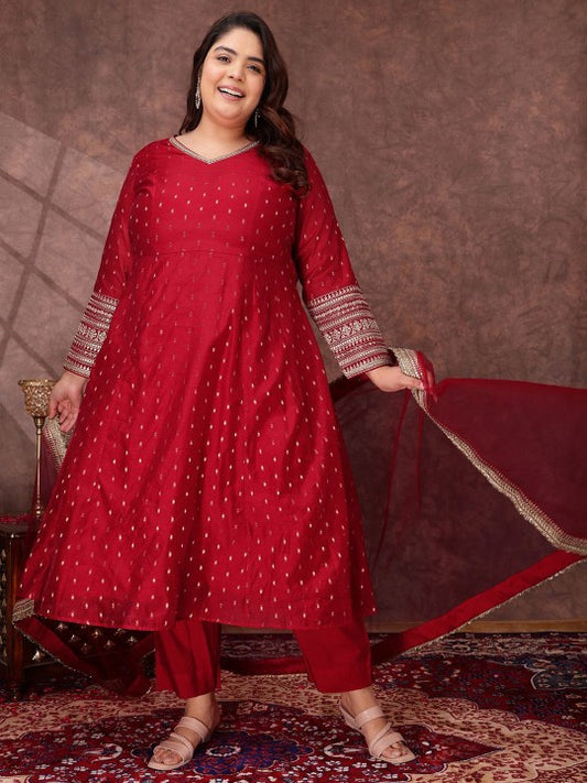 INDDUS PLUS Woven Design V Neck A Line Chanderi Silk Kurta