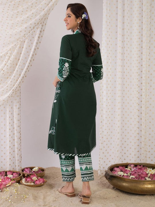 Indo Era Floral Printed Pure Cotton V Neck Straight Tunic And Trousers