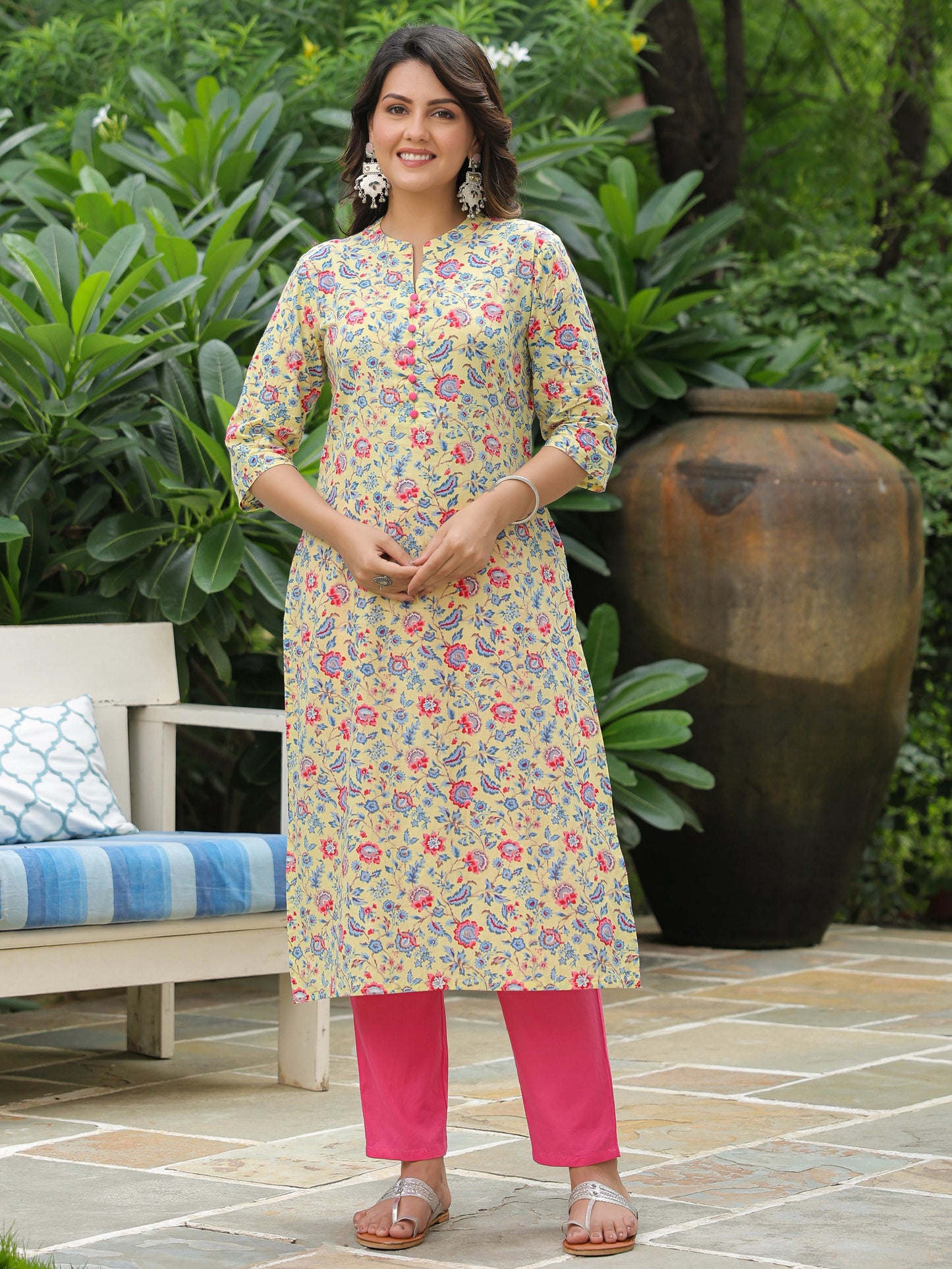 Soft Cotton Floral Straight Yellow Kurta