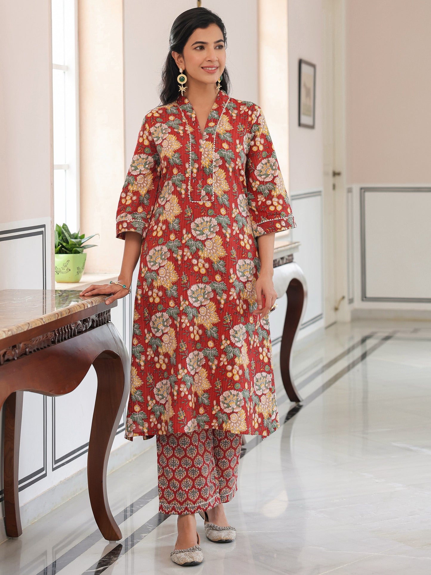 Kantha Cotton Floral Straight Maroon Kurta
