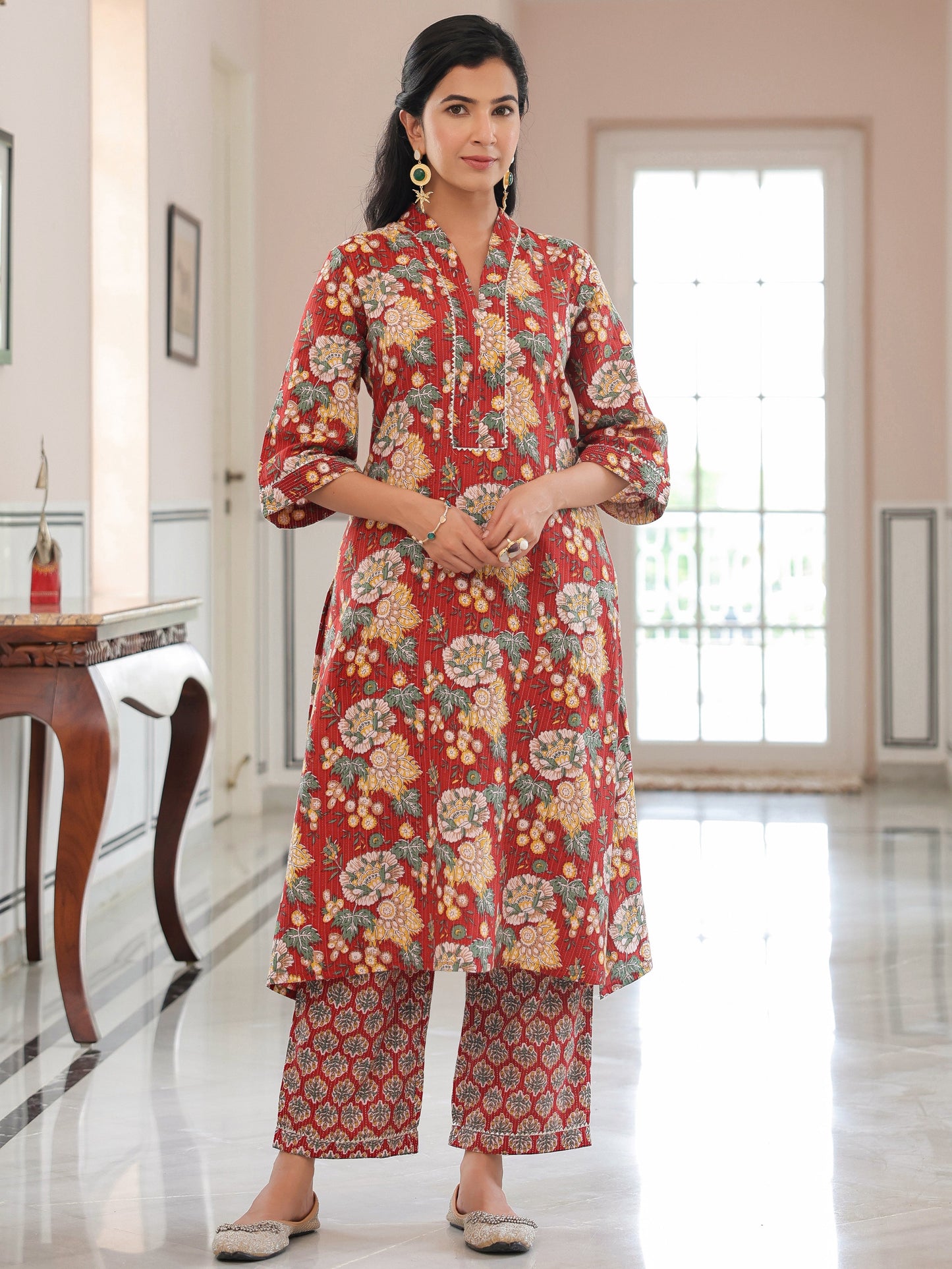 Kantha Cotton Floral Straight Maroon Kurta