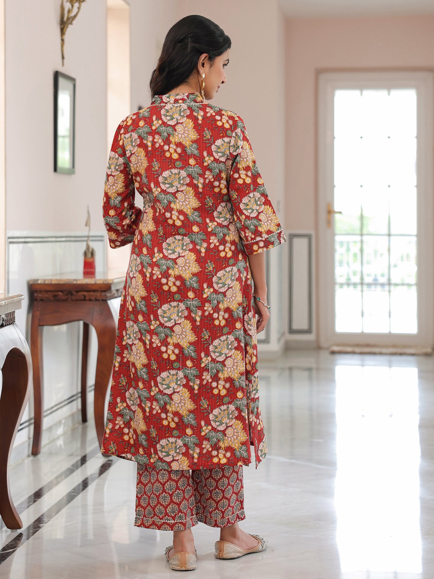 Kantha Cotton Floral Straight Maroon Kurta