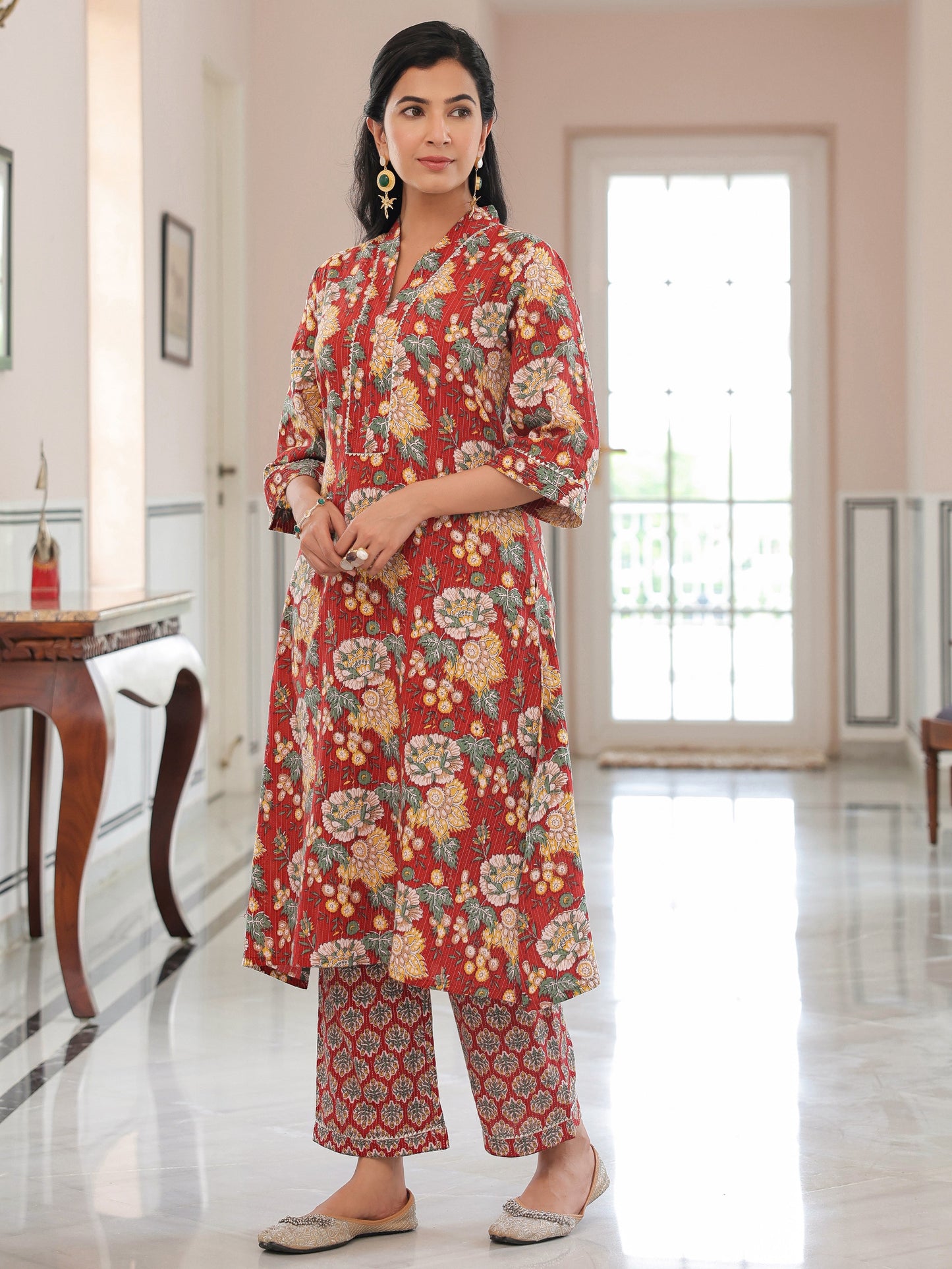 Kantha Cotton Floral Straight Maroon Kurta