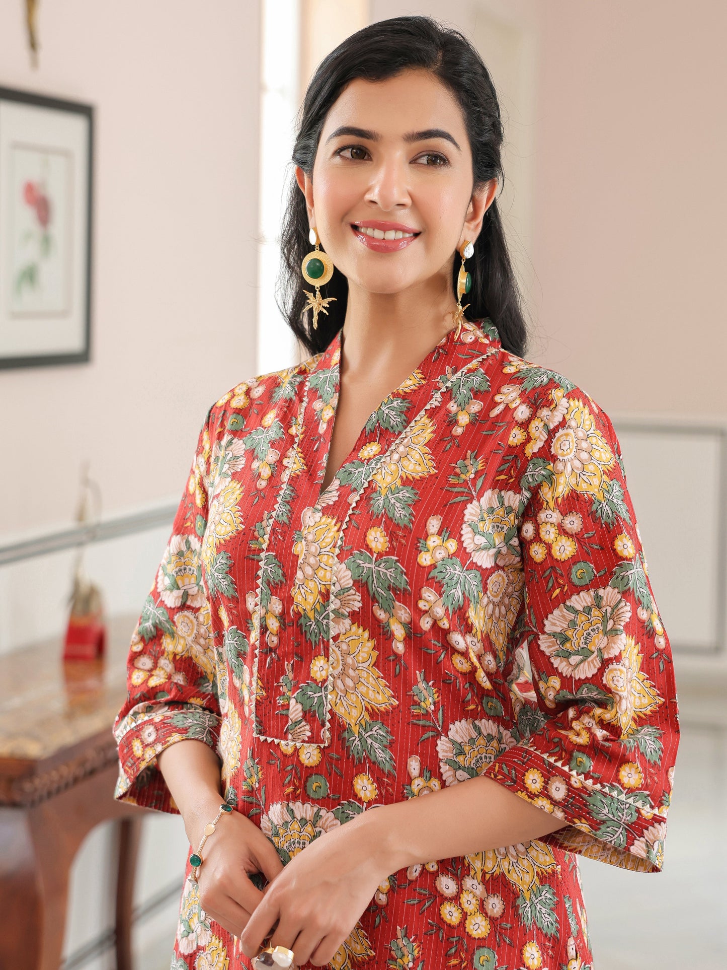 Kantha Cotton Floral Straight Maroon Kurta