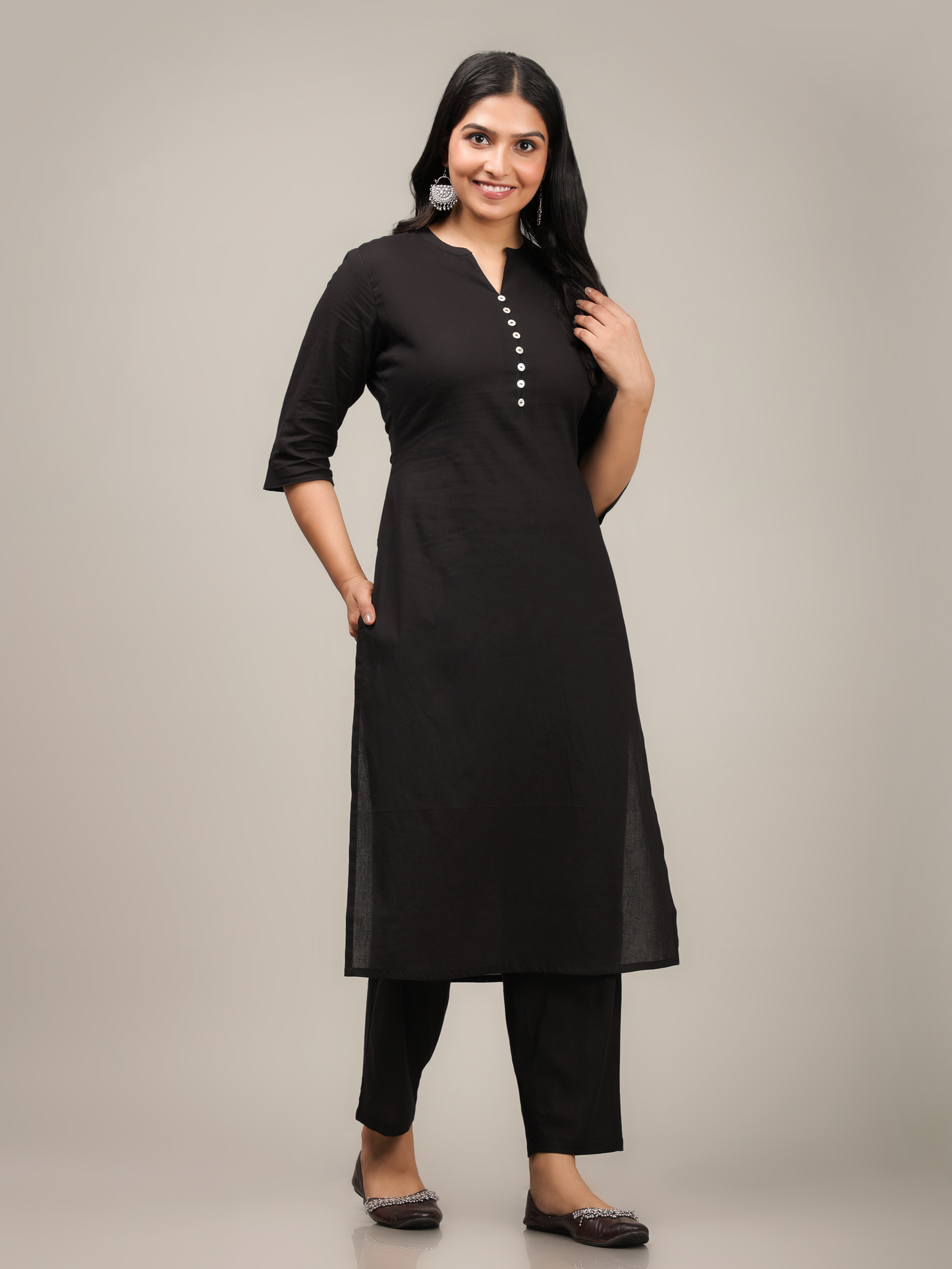 Soft Cotton Solid Straight Black Kurta