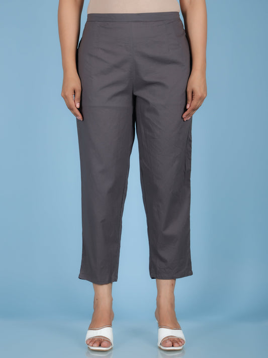 Soft Cotton Solid Grey Tapered Trousers