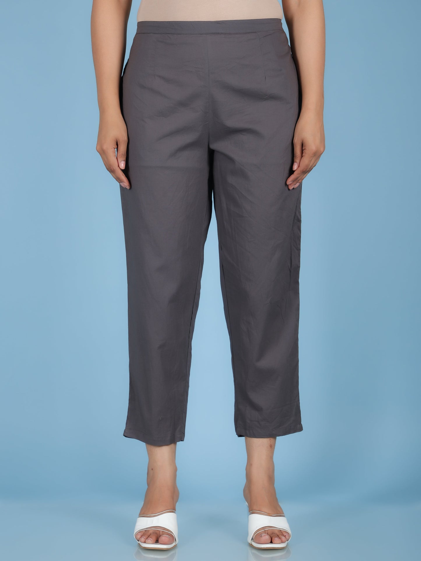 Soft Cotton Solid Grey Tapered Trousers