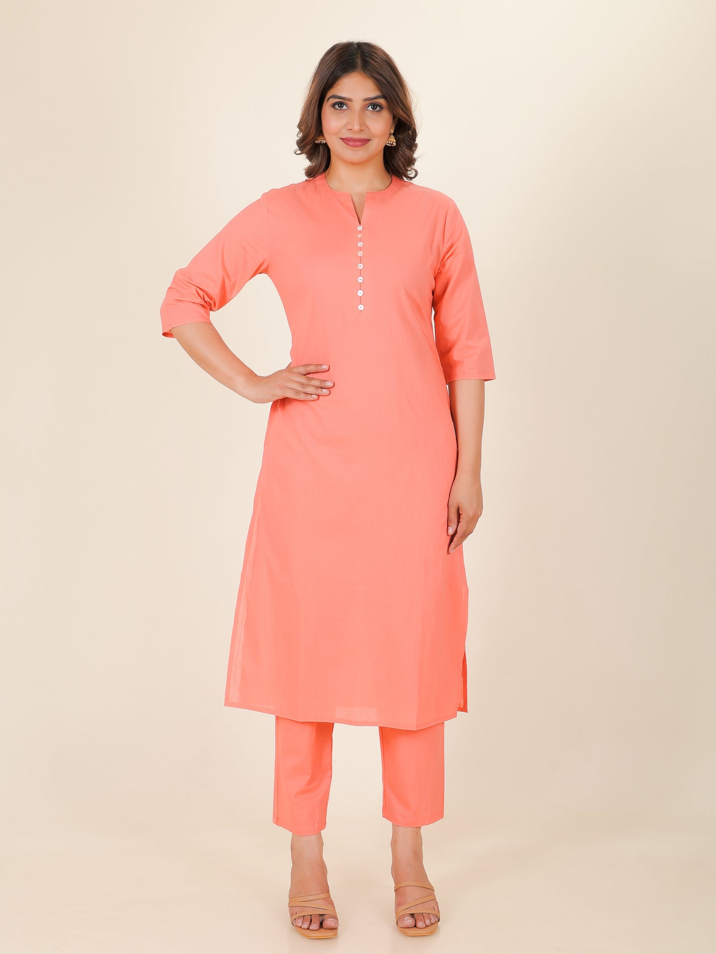 Embroidered Soft Cotton Solid Straight Orange Kurta