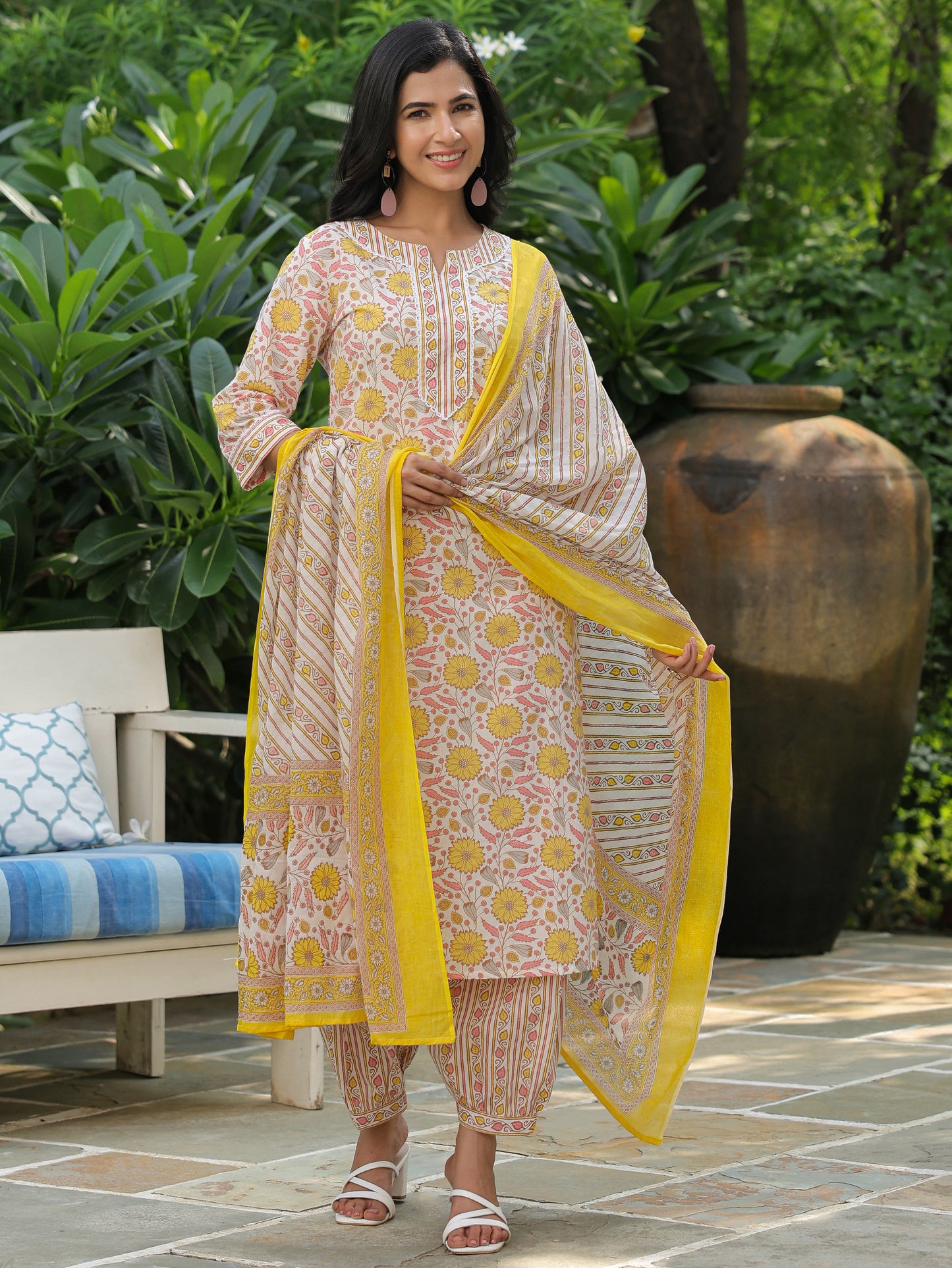 Soft Cotton Floral Straight Cream Kurta