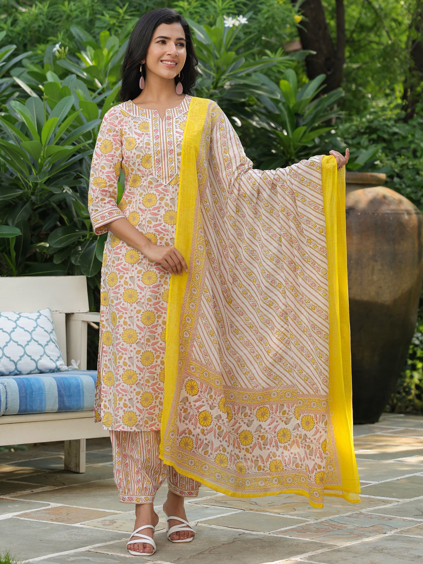 Soft Cotton Floral Straight Cream Kurta