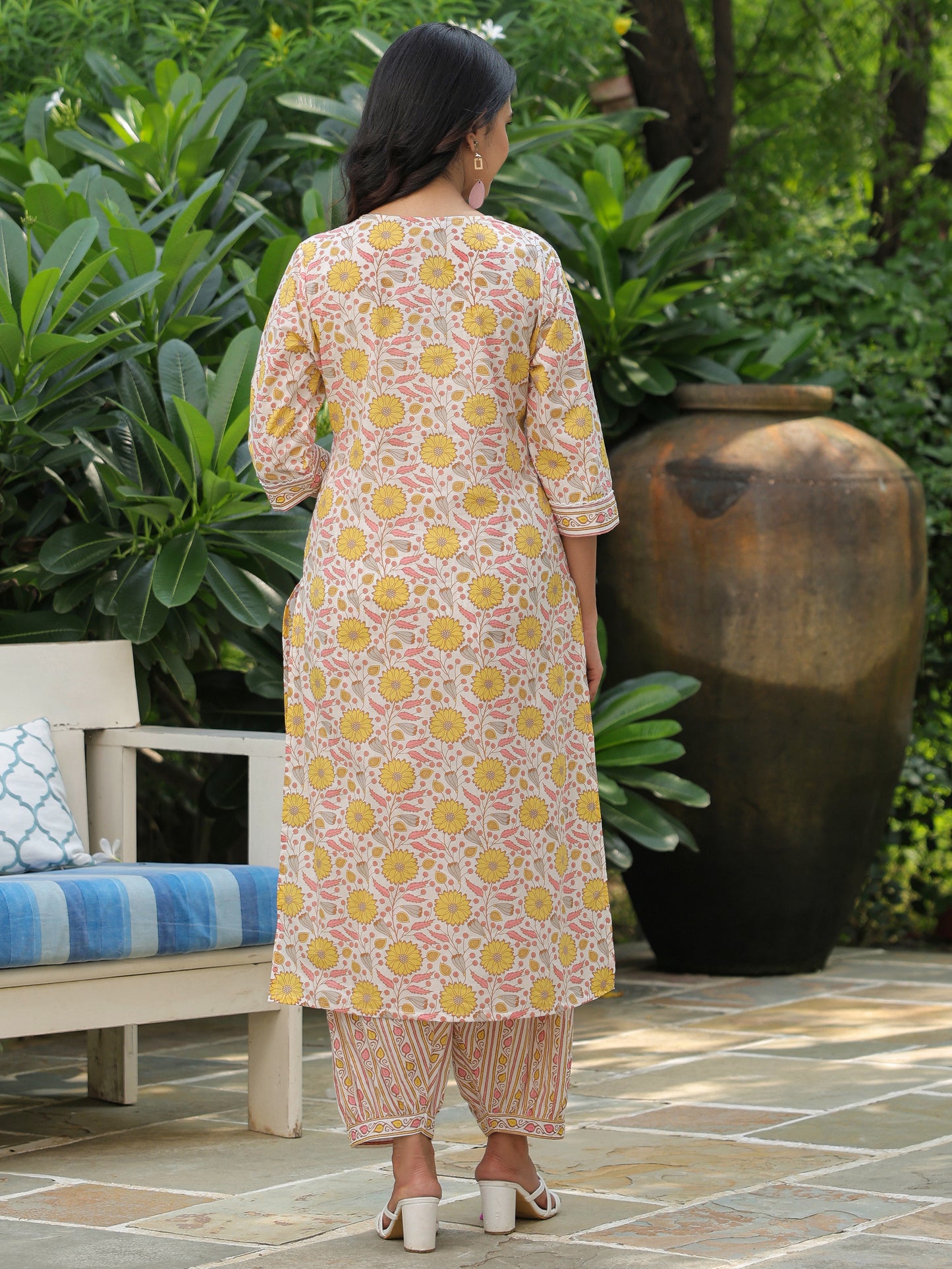 Soft Cotton Floral Straight Cream Kurta