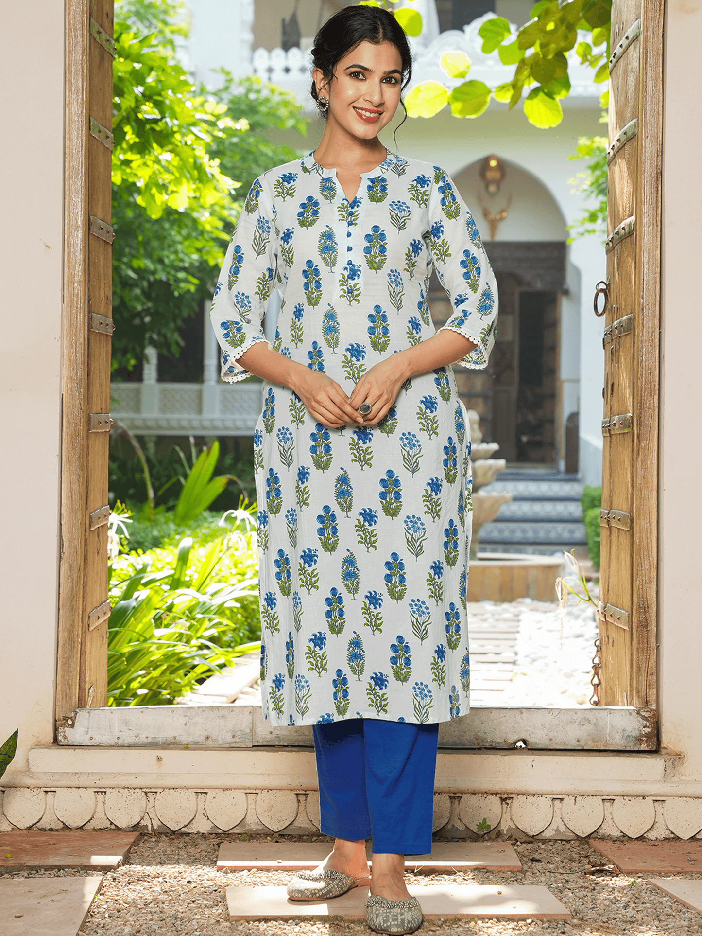 Soft Cotton Block Print Straight Cream Kurta