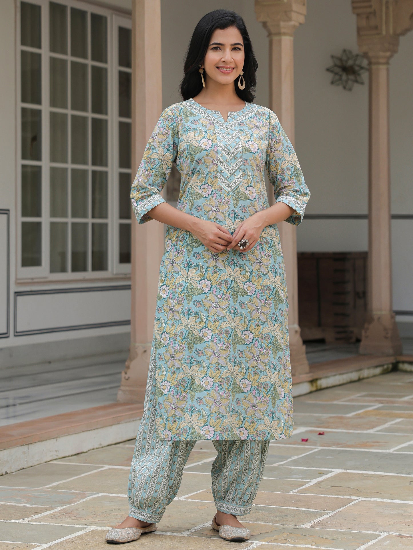 Embroidered Soft Cotton Floral Straight Blue Kurta