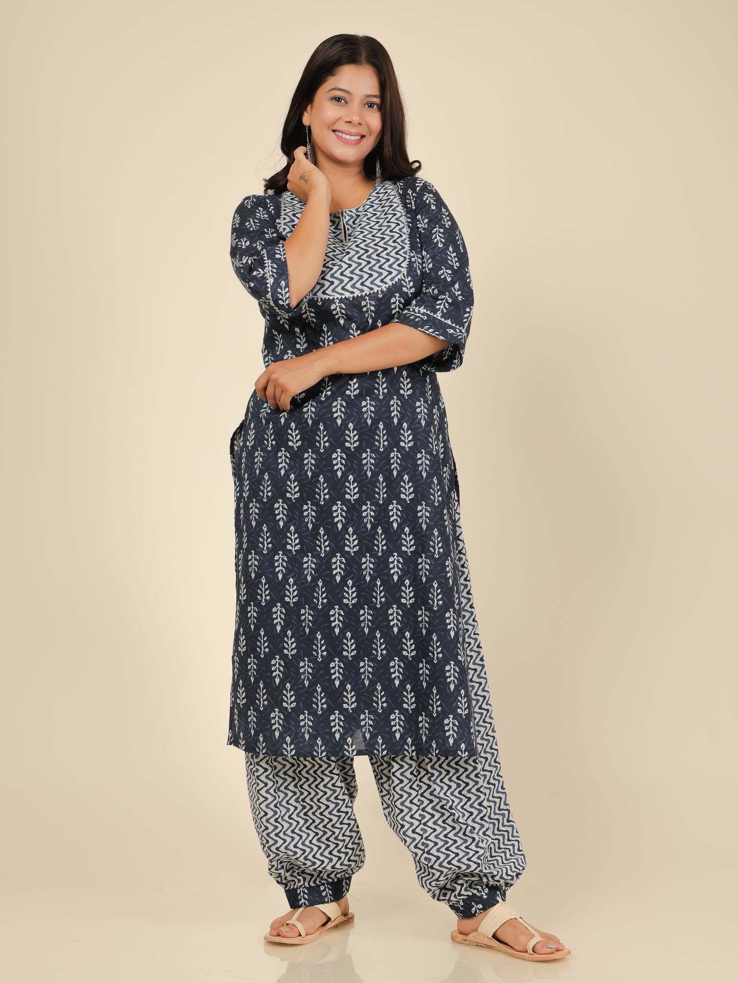 Soft Cotton Block Print Straight Blue Kurta