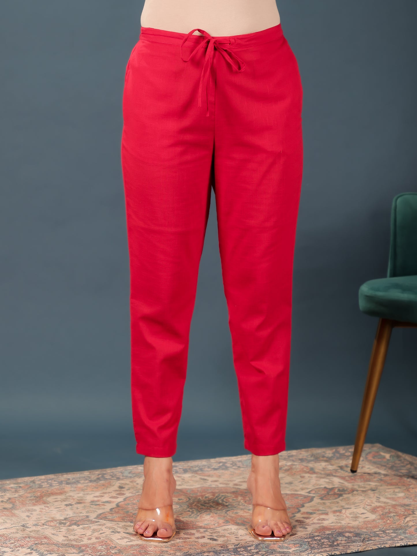Natural Cotton Solid Red Tapered Tapered Trousers
