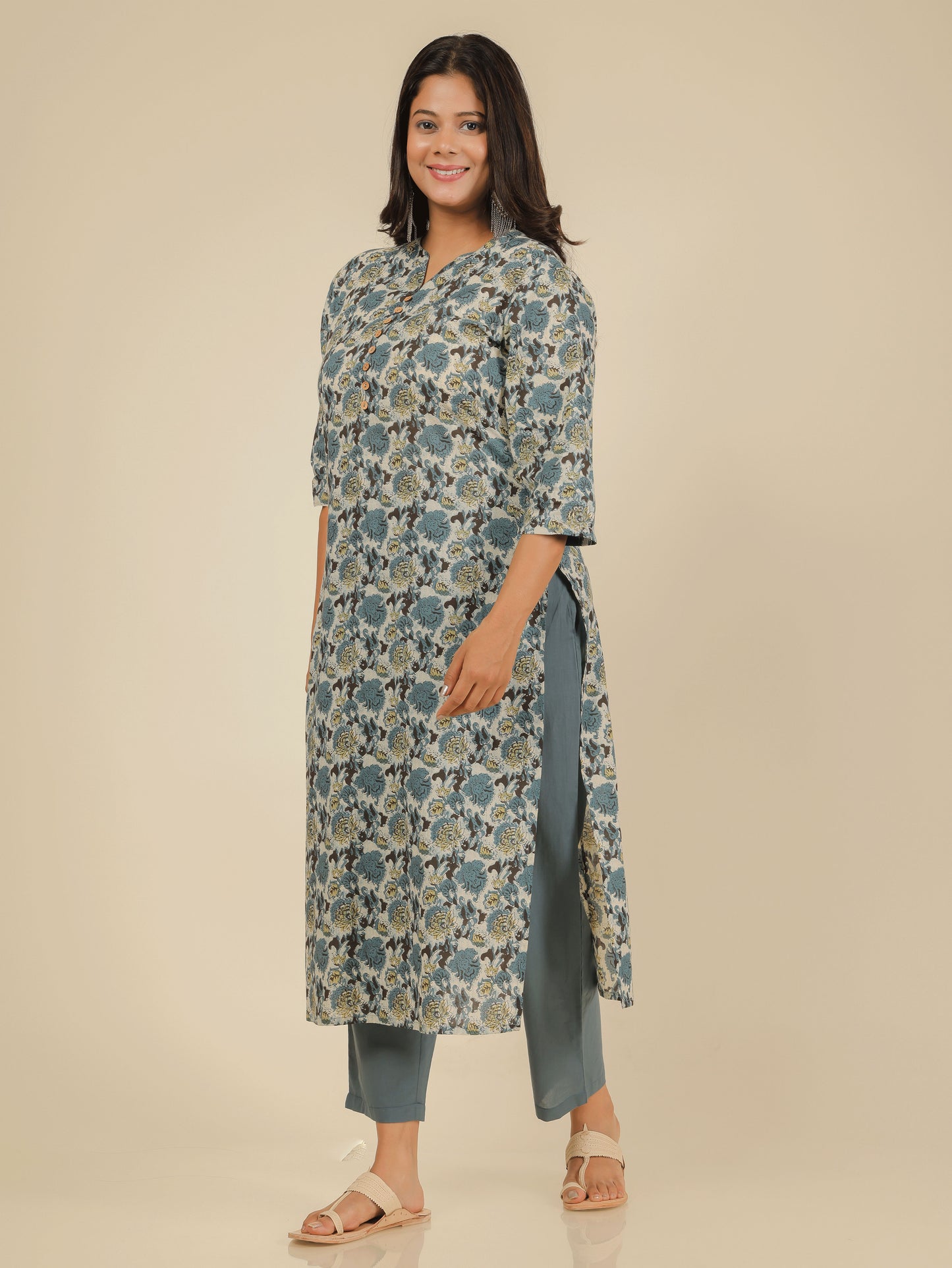 Soft Cotton Floral Straight Grey Kurta