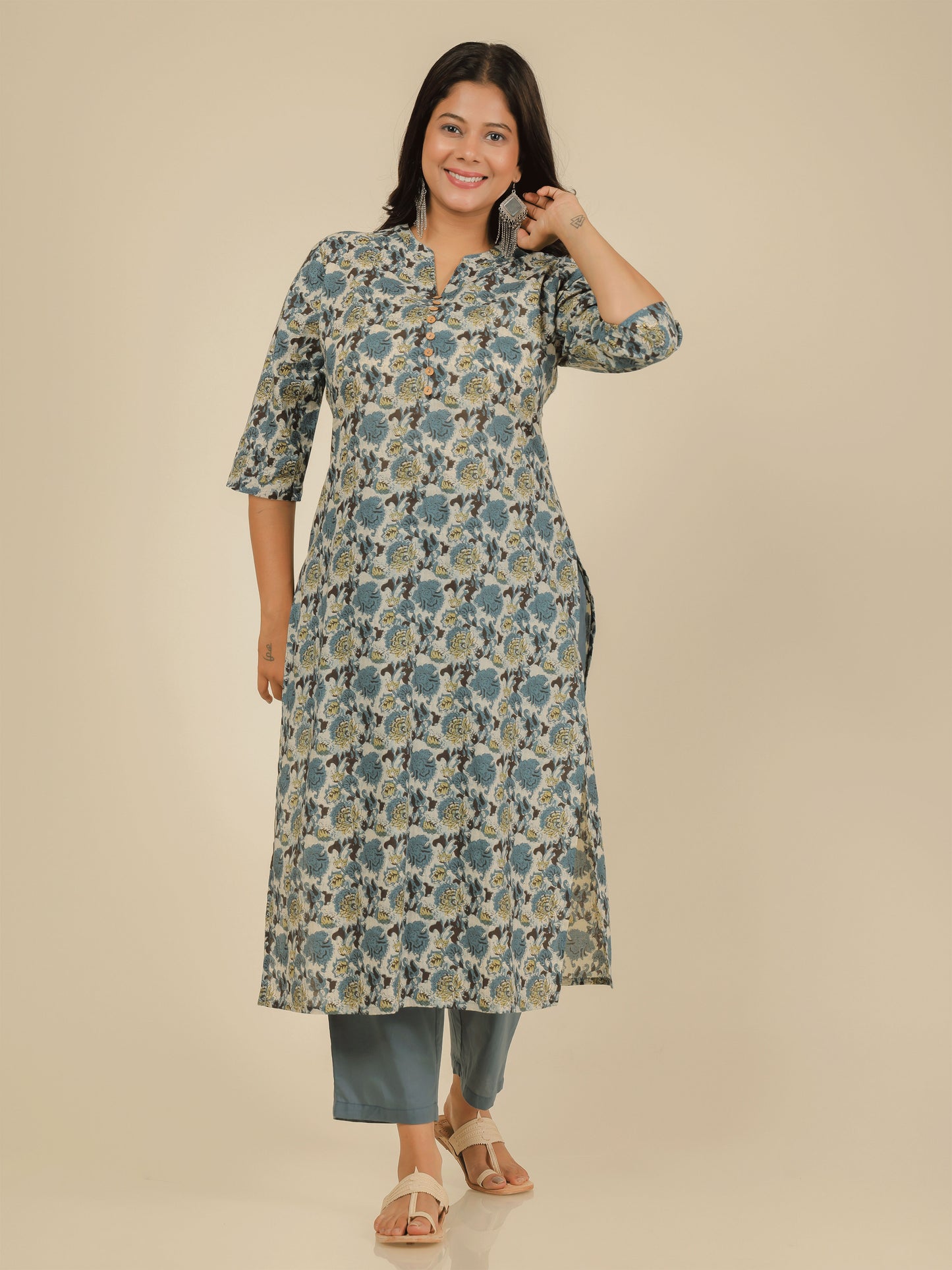 Soft Cotton Floral Straight Grey Kurta