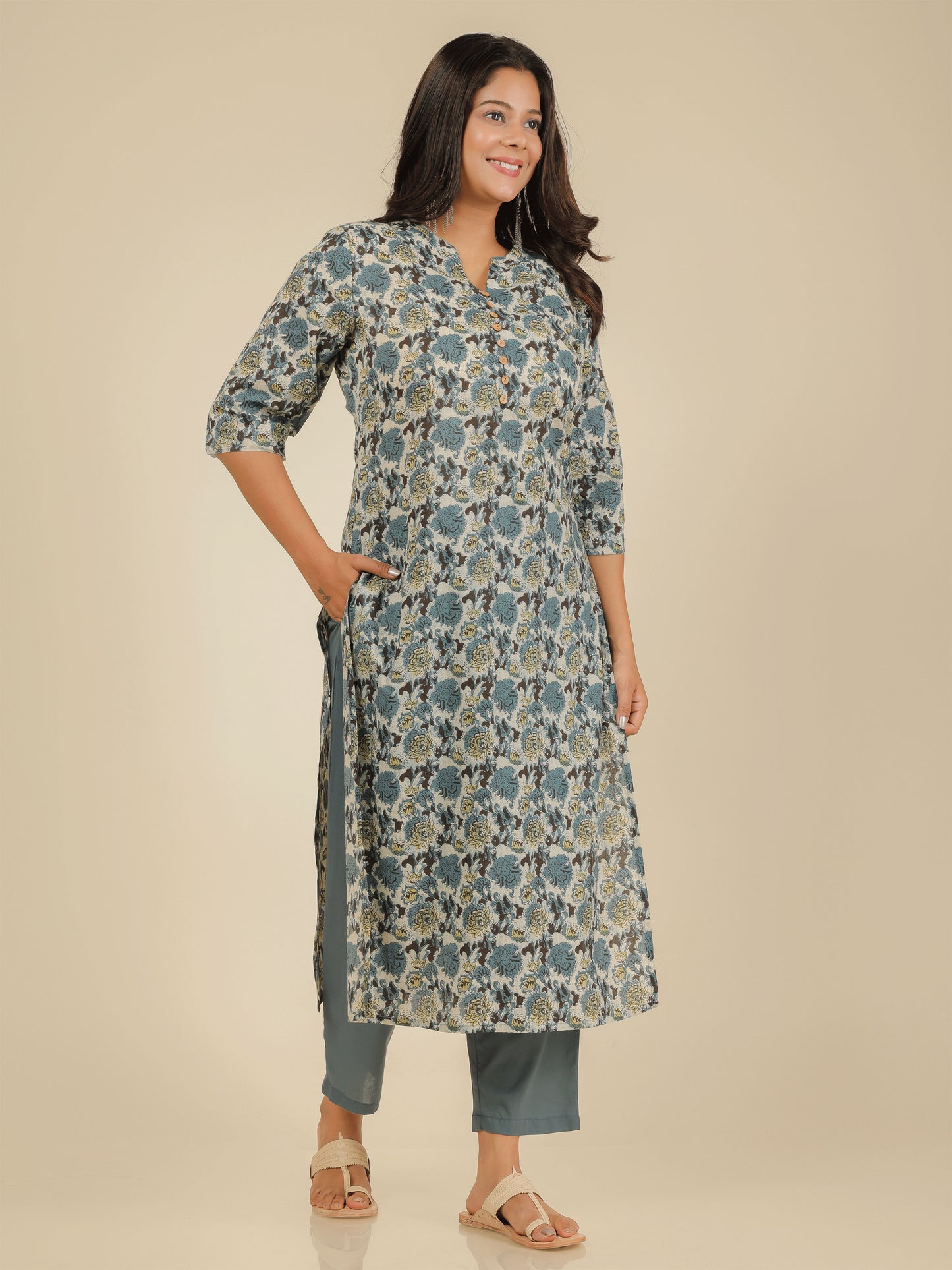 Soft Cotton Floral Straight Grey Kurta