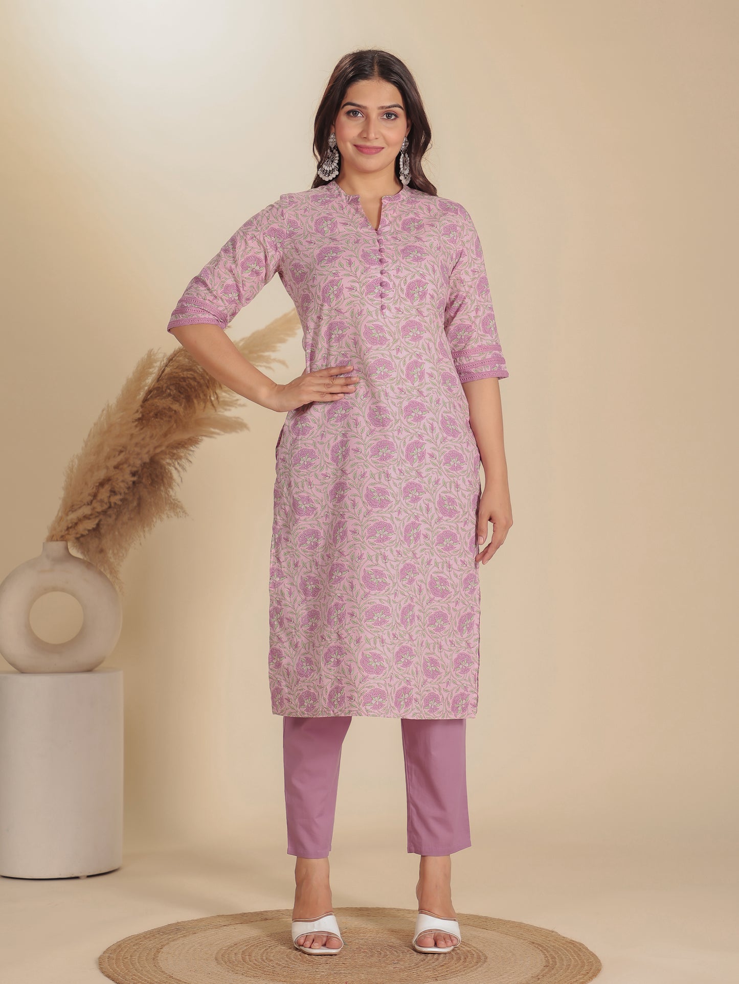 Soft Cotton Floral Straight Purple Kurta