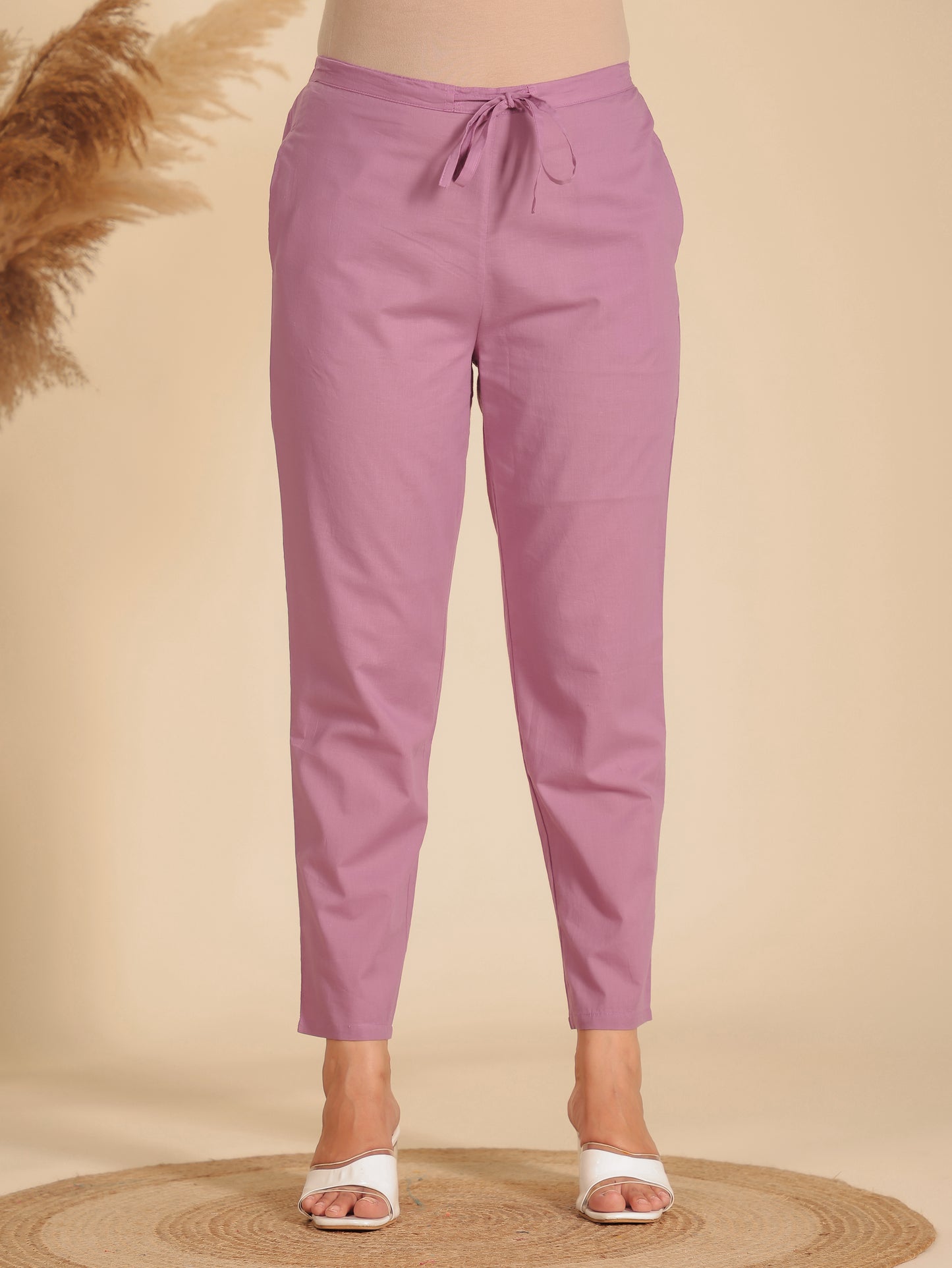 Soft Cotton Solid Purple Tapered Trousers