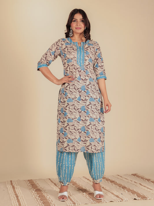 Soft Cotton Floral Straight Cream Kurta