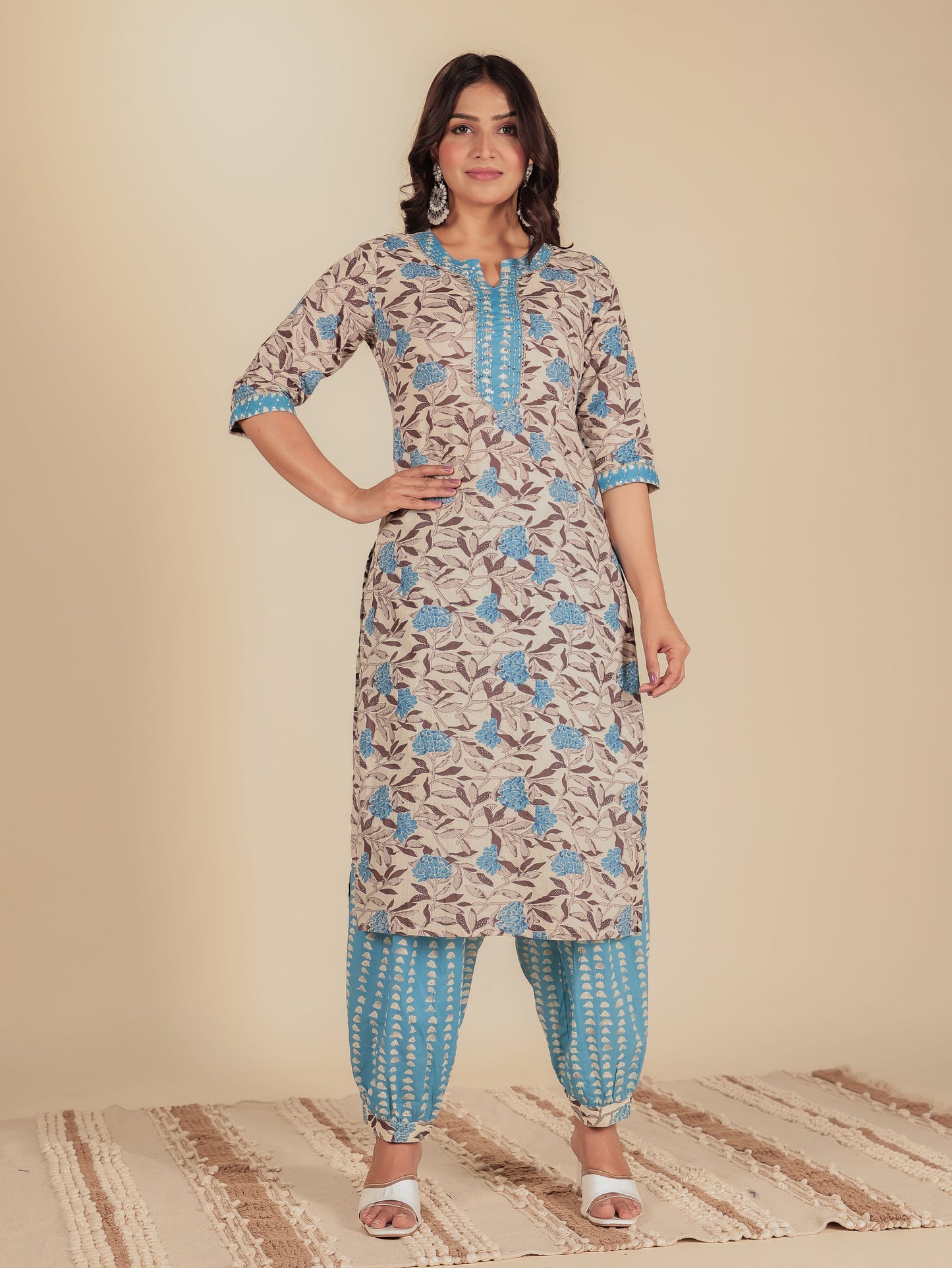 Soft Cotton Floral Straight Cream Kurta