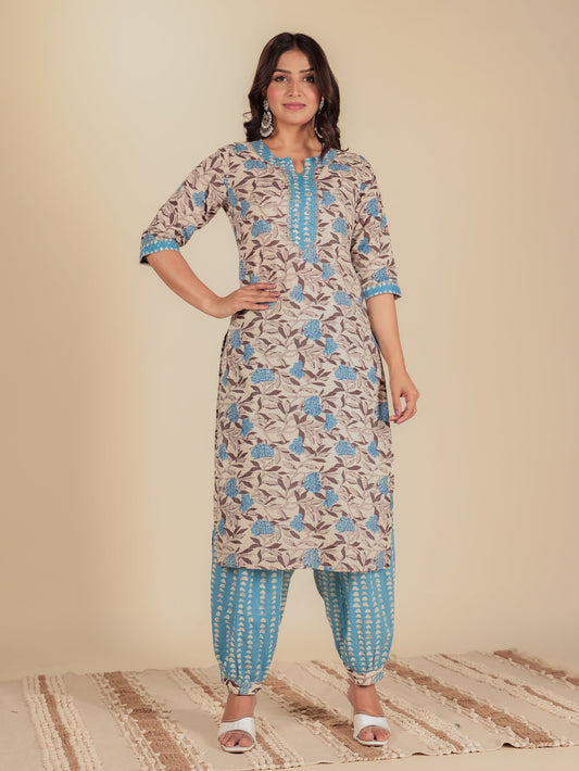 Soft Cotton Floral Straight Cream Kurta