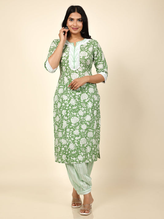 Soft Cotton Floral Straight Green Kurta