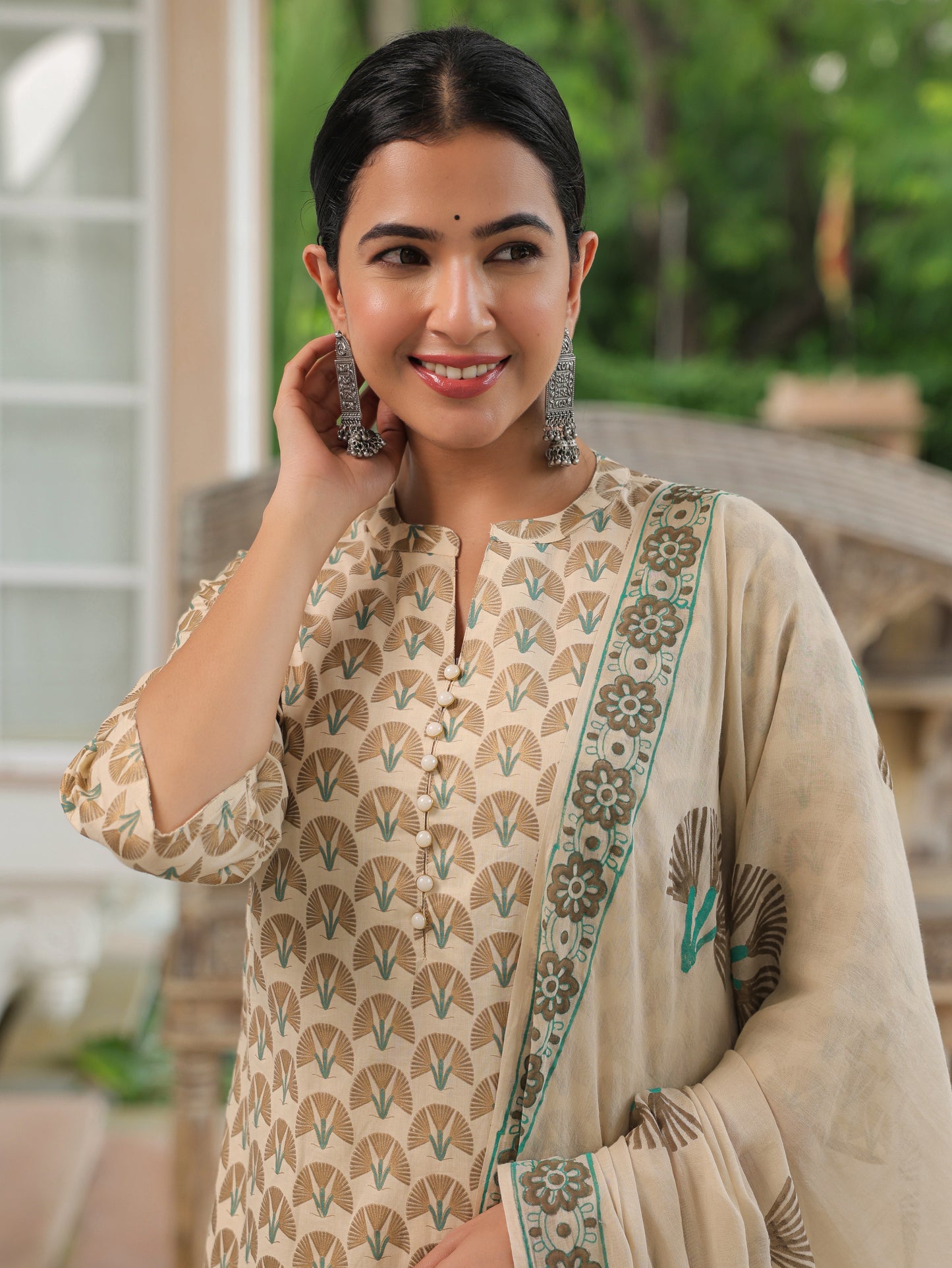 Soft Cotton Floral Straight Cream Kurta