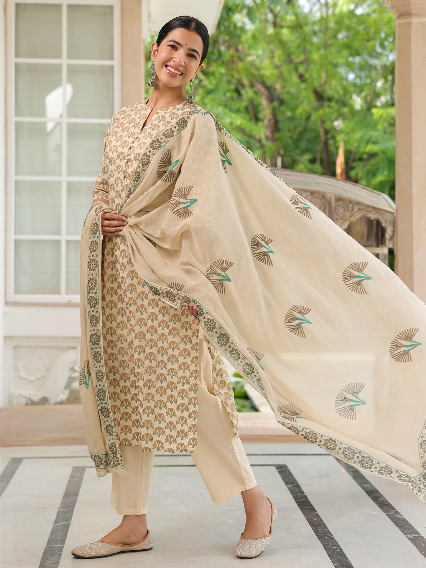 Soft Cotton Floral Straight Cream Kurta