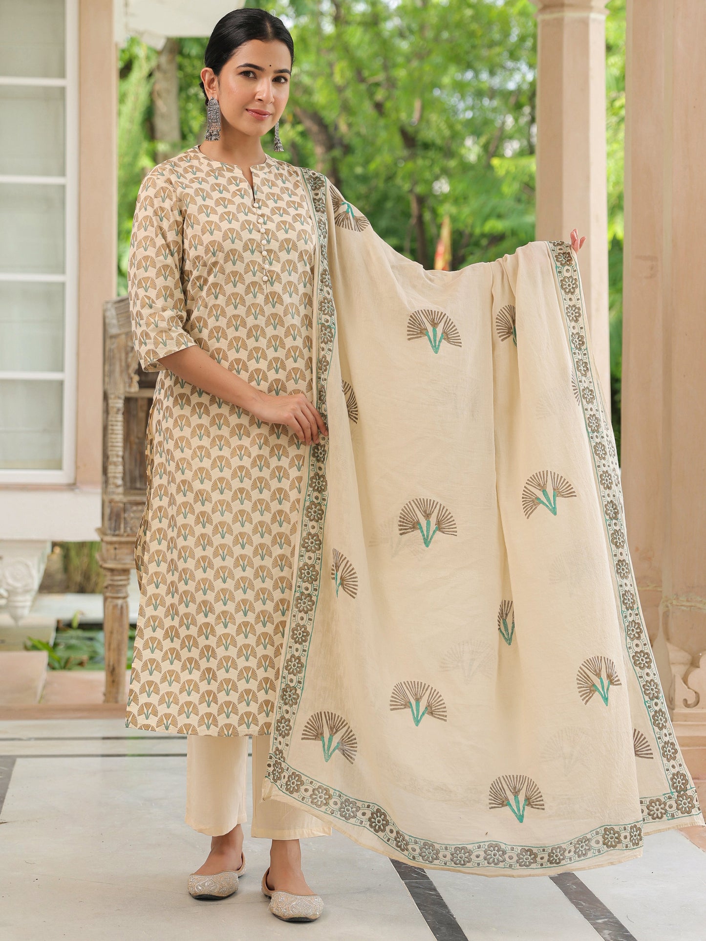 Soft Cotton Floral Straight Cream Kurta