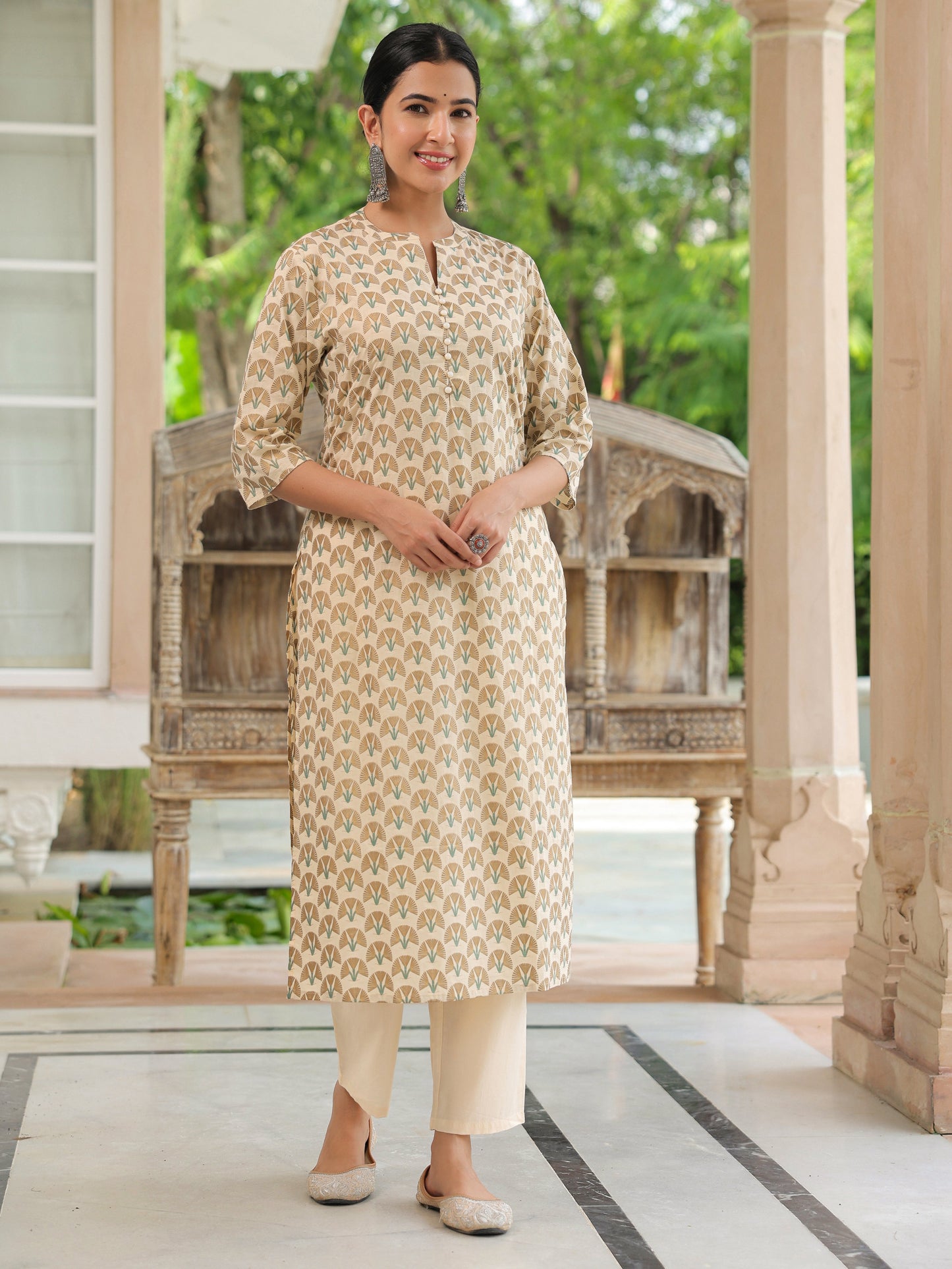 Soft Cotton Floral Straight Cream Kurta