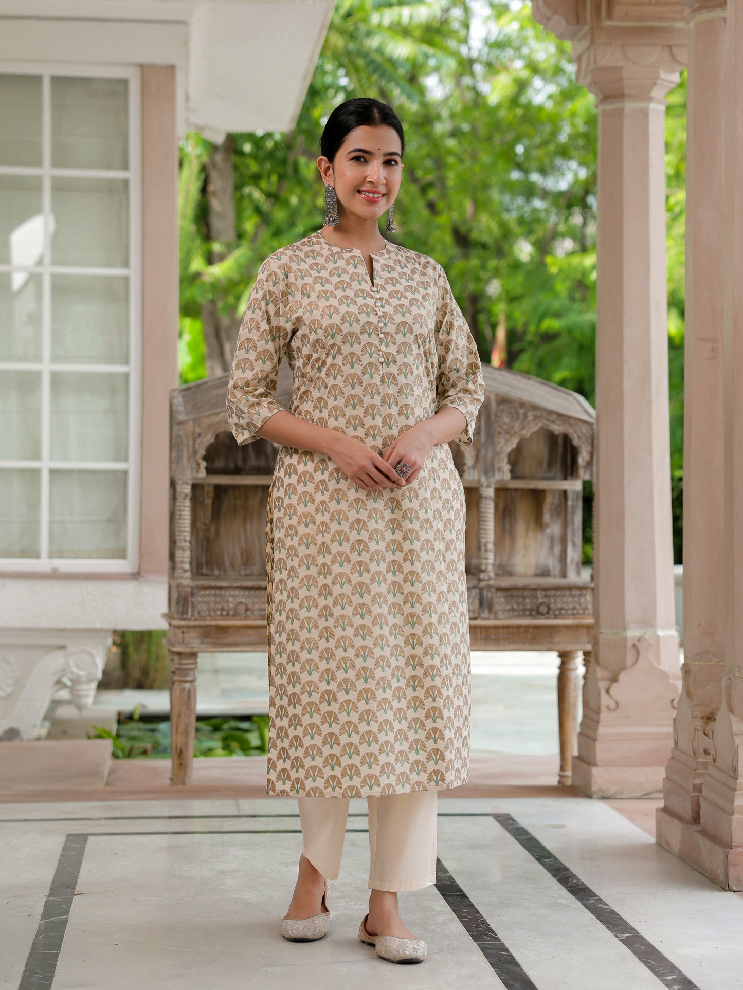 Soft Cotton Floral Straight Beige Kurta