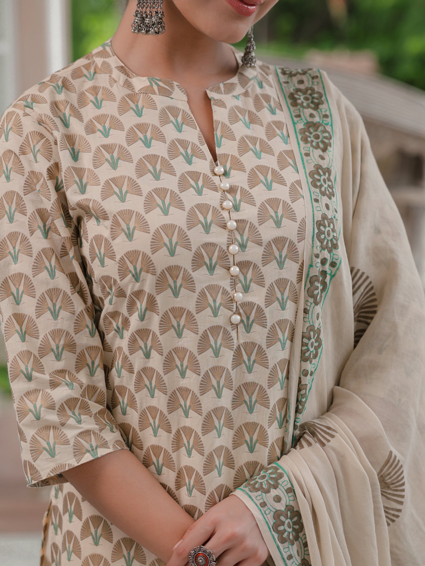 Soft Cotton Floral Straight Beige Kurta