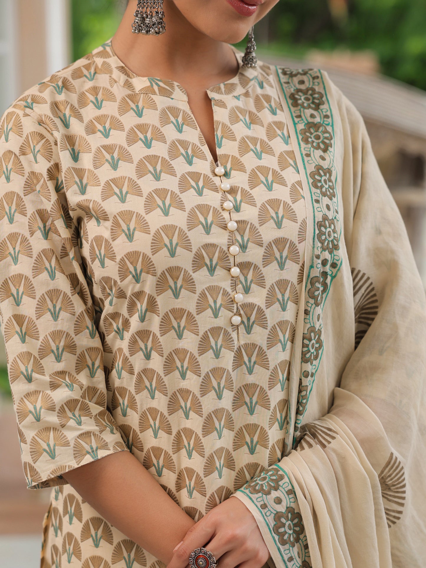 Soft Cotton Floral Straight Cream Kurta