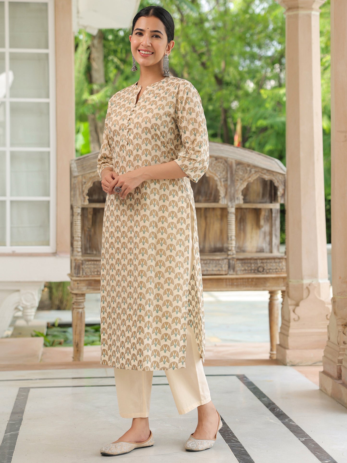 Soft Cotton Floral Straight Cream Kurta