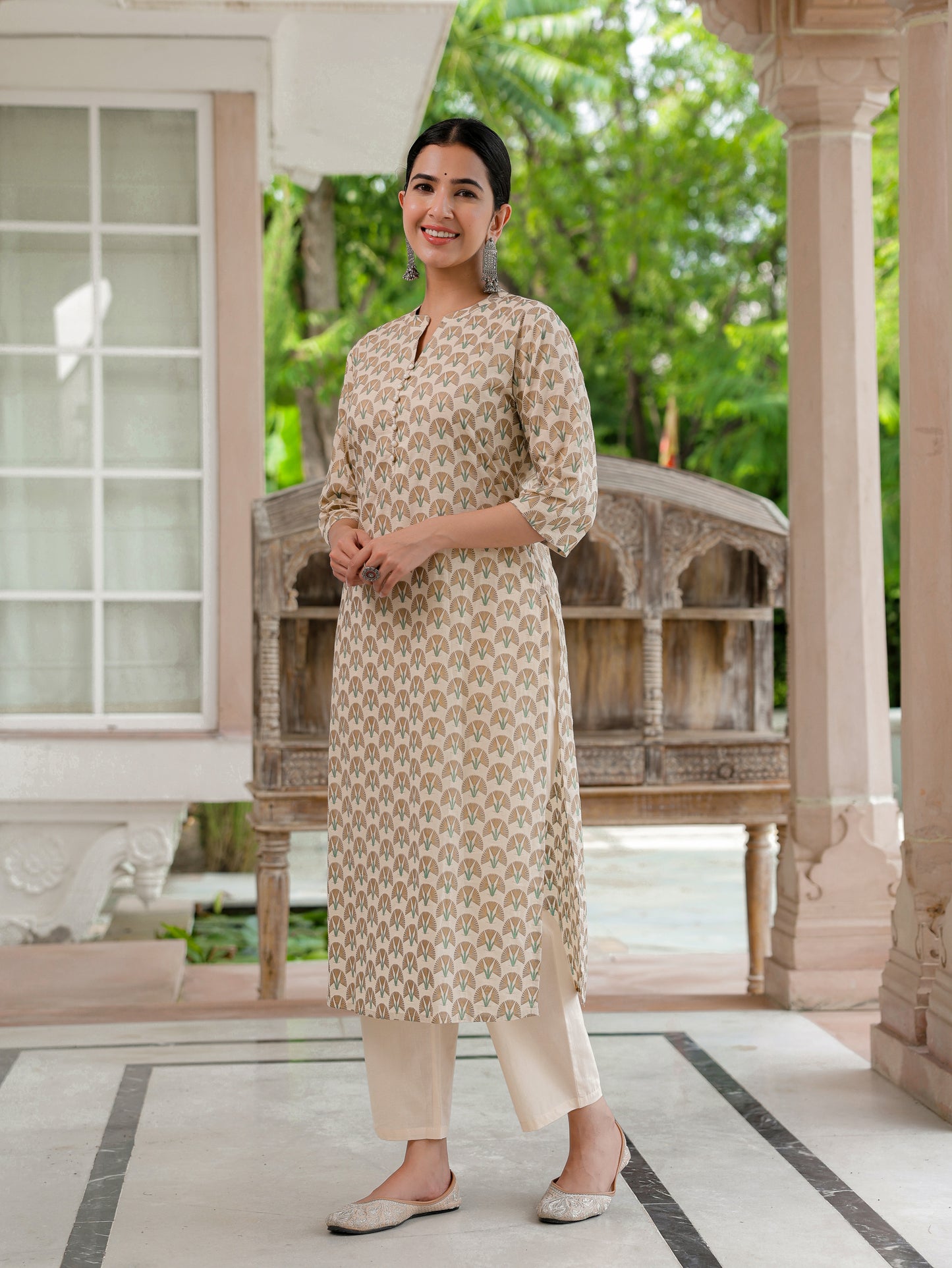Soft Cotton Floral Straight Beige Kurta