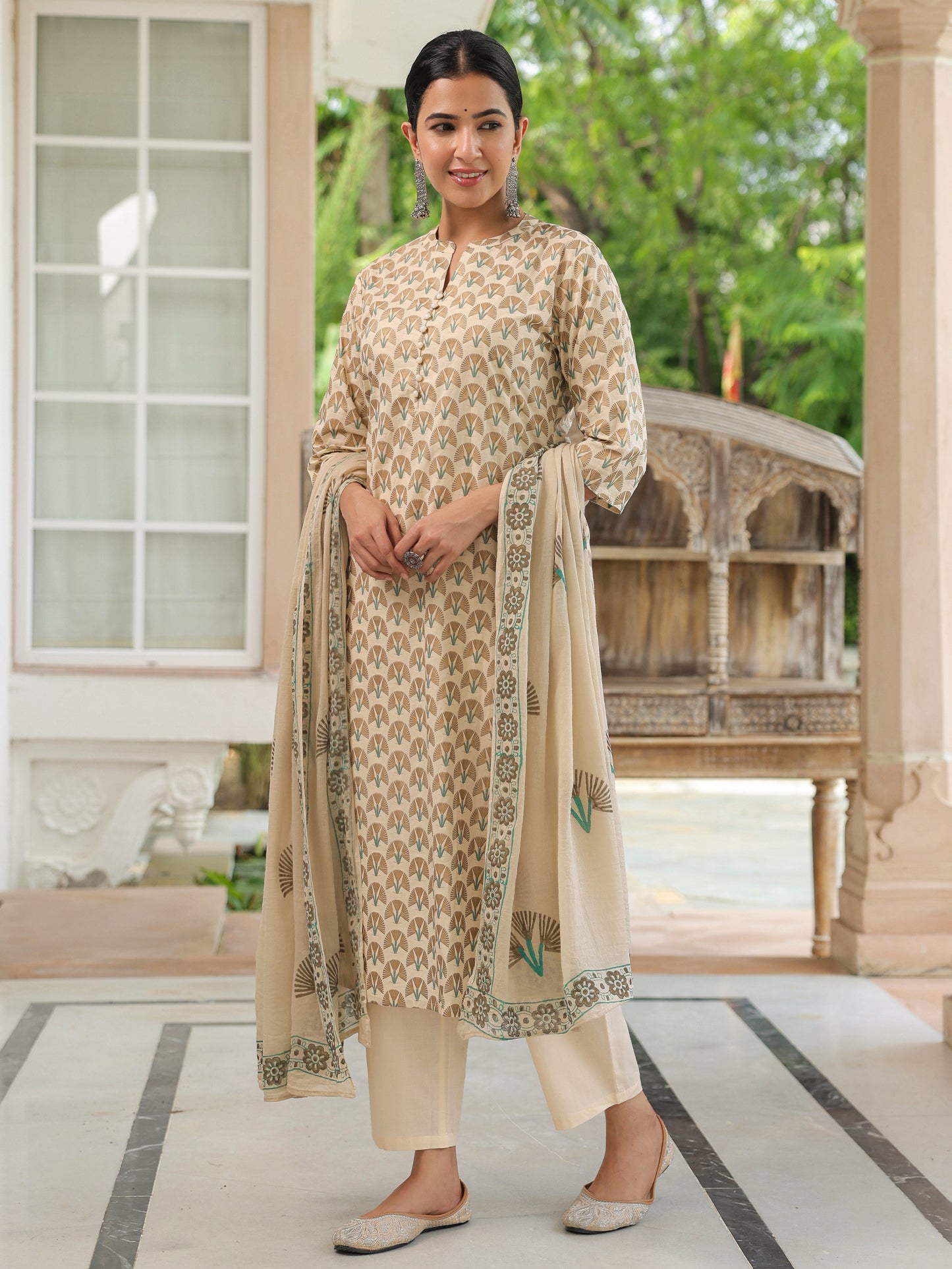Soft Cotton Floral Straight Cream Kurta