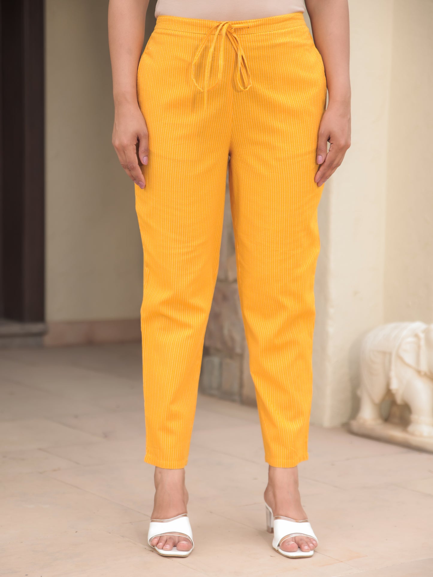 Kantha Cotton Woven Design Yellow Tapered Trousers