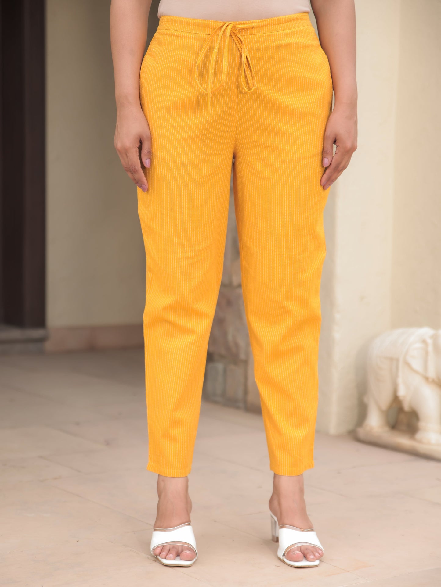 Kantha Cotton Woven Design Yellow Tapered Trousers