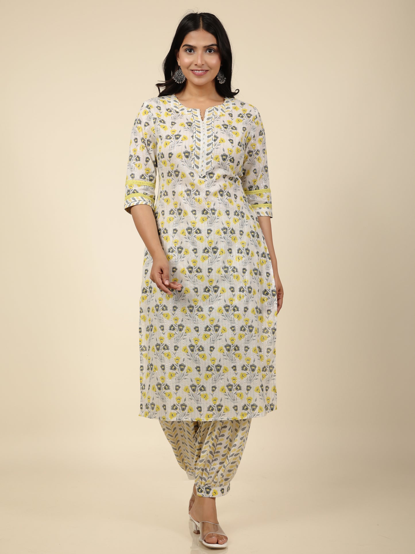 Soft Cotton Floral Straight Cream Kurta