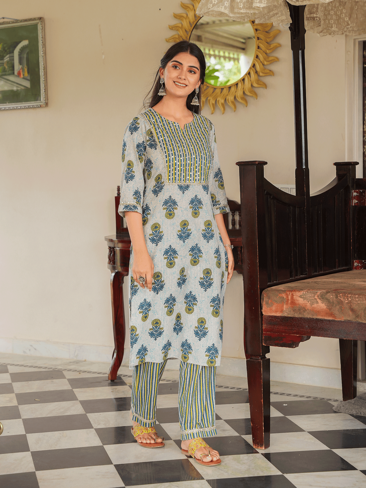 Kantha Cotton Floral Straight Blue Kurta