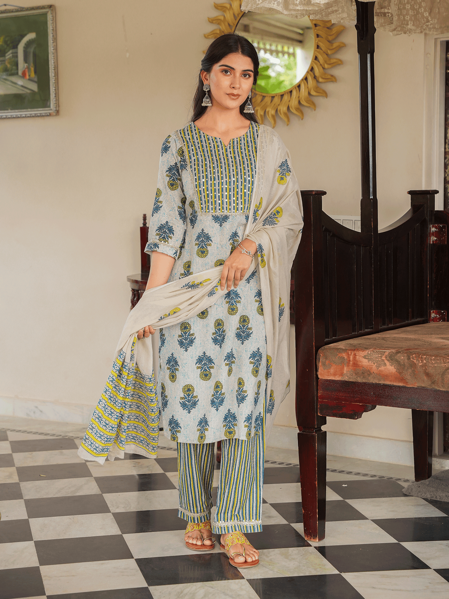 Kantha Cotton Floral Straight Blue Kurta