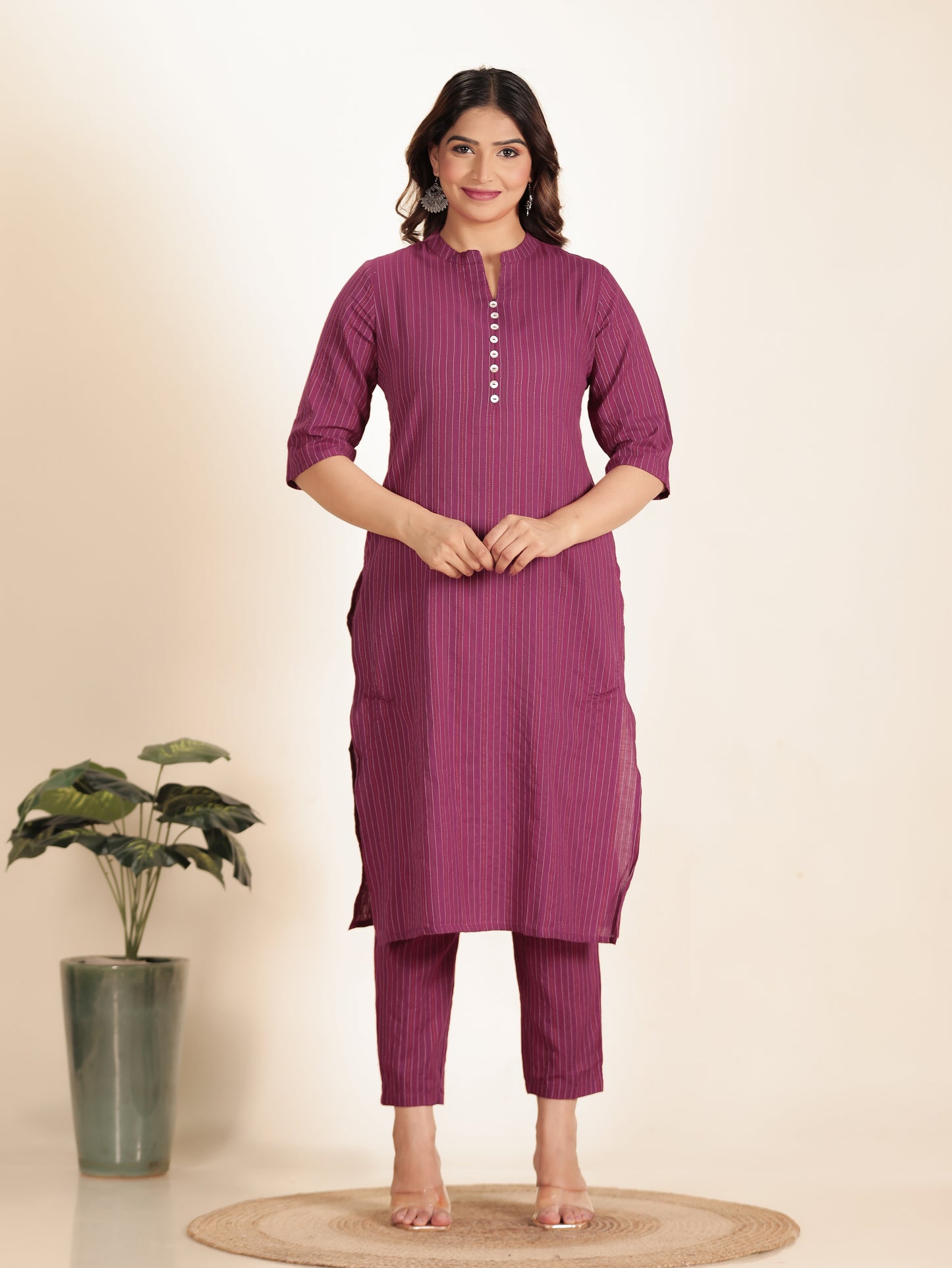 Kantha Cotton Woven Design Straight Pink Kurta